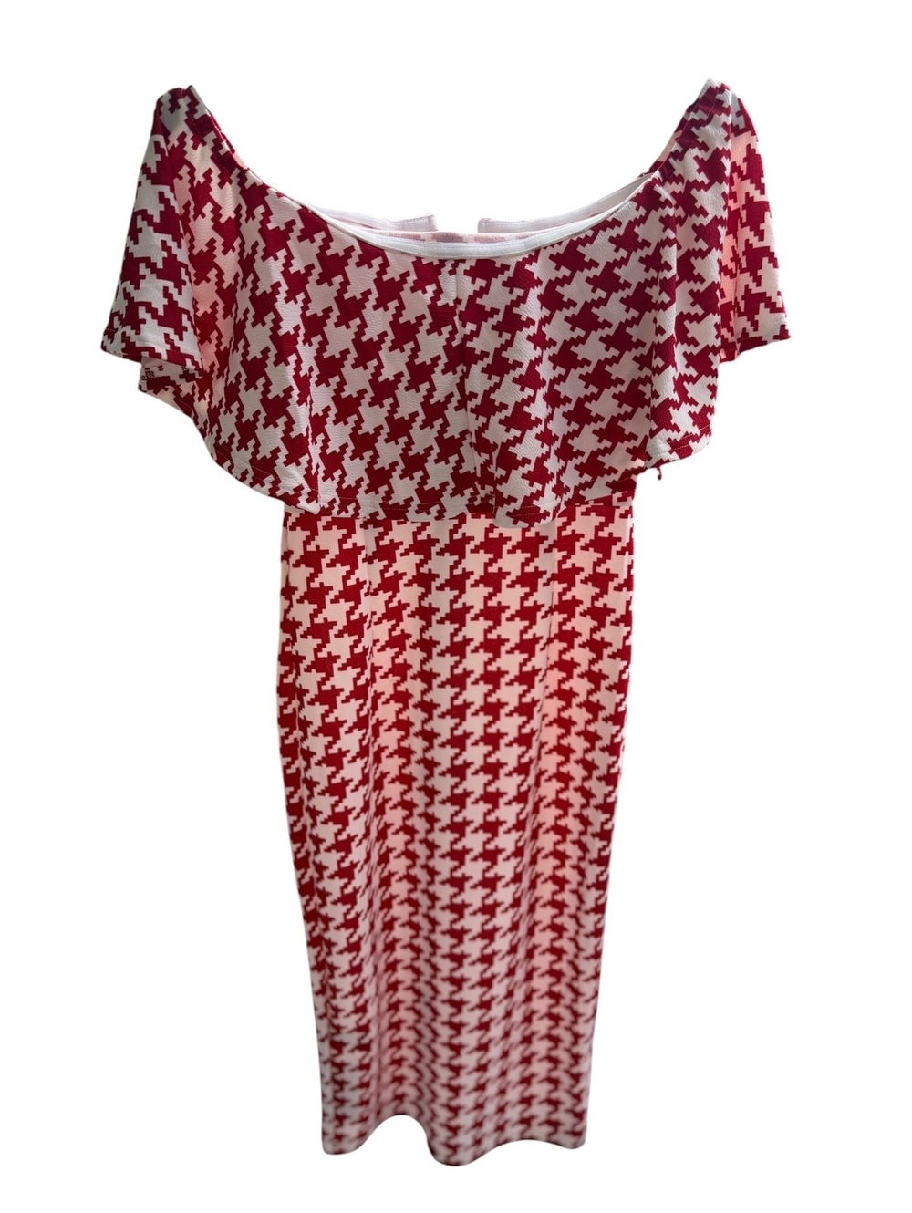 SHEIN Red and White Houndstooth Off-Shoulder Midi Dress Size M - Picture 3 of 6